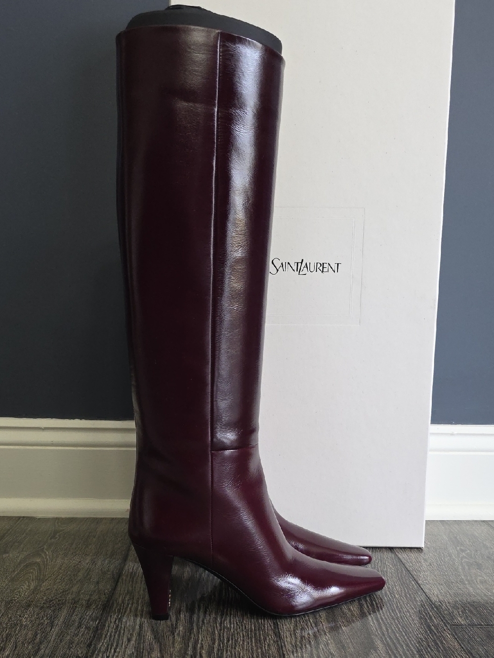 Saint Laurent Burgundy Leather Over-the-Knee Pointed-Toe Boots